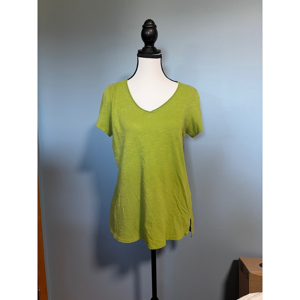Eileen Fisher Green Slub Knit V-Neck Short Sleeve Tunic Top Small